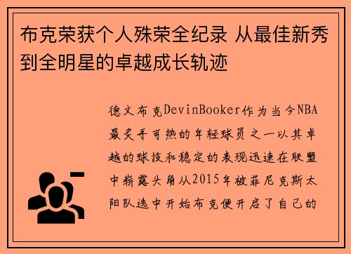 布克荣获个人殊荣全纪录 从最佳新秀到全明星的卓越成长轨迹