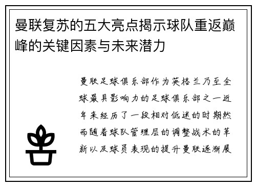 曼联复苏的五大亮点揭示球队重返巅峰的关键因素与未来潜力